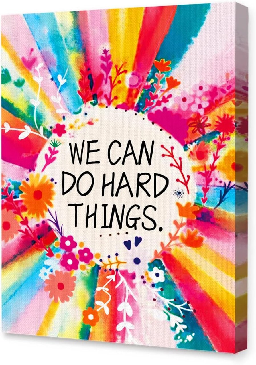 We Can Do Hard Things Inspirational Canvas Framed Wall, Colorful Flowers Girls Affirmation Motivational Canvas Framed Print for Teens Girls Home Bedroom Dorm Office Wall Decor 12" x 15"